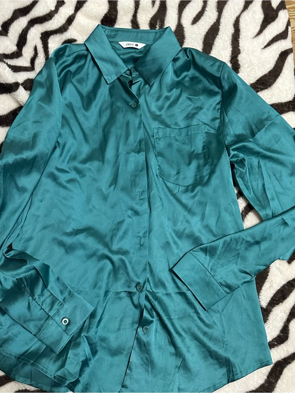 Christmas Green Satin Button-Down Blouse